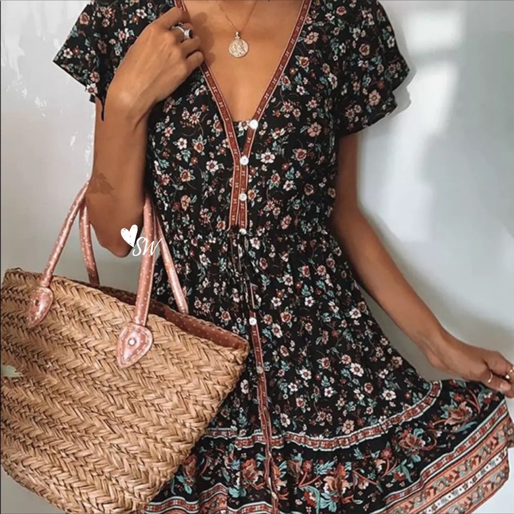 Boho Floral Button Up Gypsy Print Black Dress - Picture 1 of 3